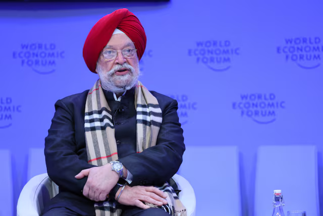 Minister of Petroleum and Natural Gas of India Hardeep Singh Puri speaks during the 54th annual meeting of the World Economic Forum in Davos, Switzerland, January 16, 2024.